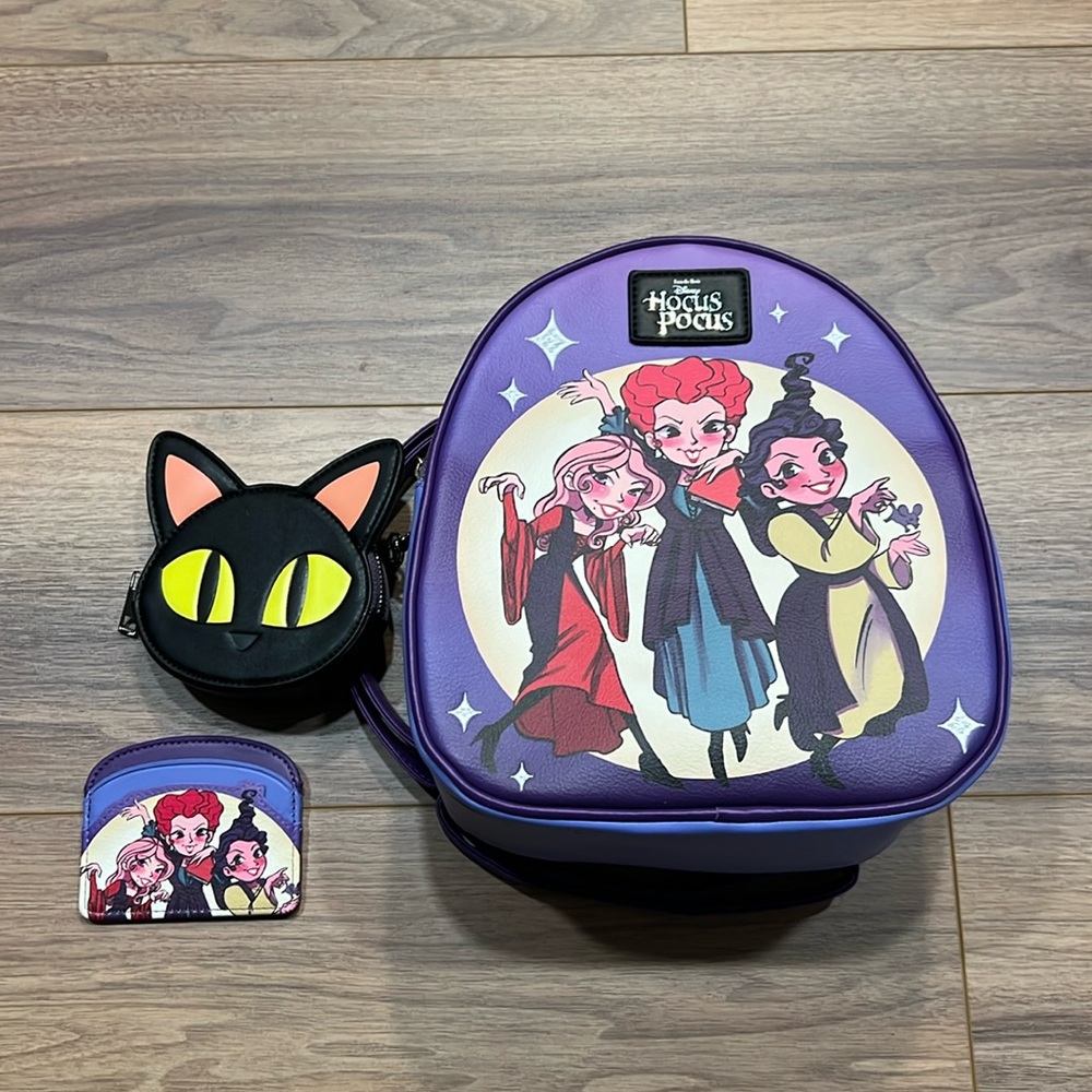 Disney Hocus Pocus Backpack with Cat Coin Purse and Card Holder Wallet